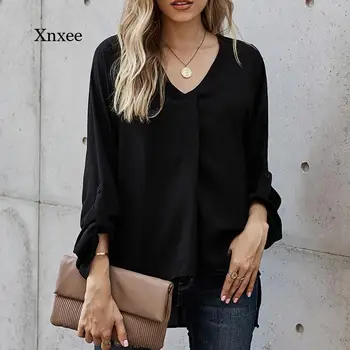 2021 Sommer Plus Size V-Hals Solid Bluser med Lange Ærmer Office-Shirts til Kvinder Mode Spænde Shirt Løs Casual Tøj Top