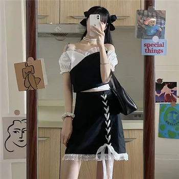2021 Sommer Søde Vintage Fast Suit Kvinder Sort Designer Hvidt Kors Kortærmet Top Japansk Harajuku Bandage Lace-Mini-Skirt