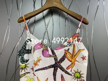 2021 sommeren designer silke ferie sexet spaghetti strop backless tank tops fashion v-hals trykte kort camis y624