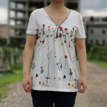 2021 sommeren fritid udskrivning af kort-langærmet lynlås V-krave top dame t-shirt