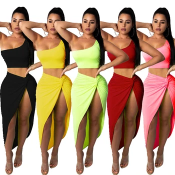 2021 Sommeren Neon Farve, To-Delt Sæt Kjole For Kvinder, Den Ene Skulder Toppe Side-Ruched Høj Split Kjole Bandange Vestidos