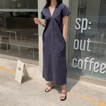 2021 Sommeren Nye Japansk Stil, Enkelhed V-hals Split Gaffel Casual Løs Solid Farve Kvinders Kjole Sommer Mode