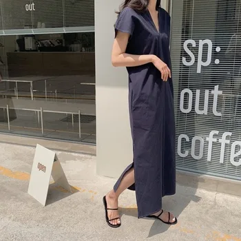 2021 Sommeren Nye Japansk Stil, Enkelhed V-hals Split Gaffel Casual Løs Solid Farve Kvinders Kjole Sommer Mode