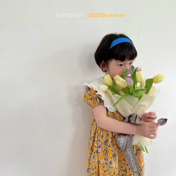 2021 Sommeren Nye Produkter koreanske Børn Krave Broderet Kjole Piger Blomster Lang Kjole Gul lille Barn Pige Ruched Kjoler