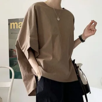2021 Sommeren Nye Retro koreansk Mode Japansk Stil en dækkende Farve, Løs, Afslappet Kvinder Shirts Oversize Rund Hals Sommer