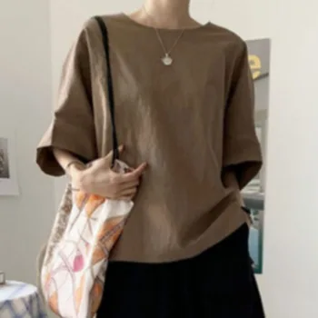 2021 Sommeren Nye Retro koreansk Mode Japansk Stil en dækkende Farve, Løs, Afslappet Kvinder Shirts Oversize Rund Hals Sommer