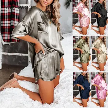 2021 Sommeren Satin Pyjamas Sæt Kvinder Efterlignet Silke Pyjamas Sexet Silke Nattøj Homewear Kvindelige Løs Lounge Wear Sæt Pjs Kvinder