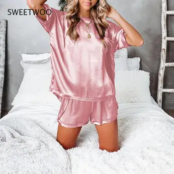 2021 Sommeren Satin Pyjamas Sæt Kvinder Efterlignet Silke Pyjamas Sexet Silke Nattøj Homewear Kvindelige Løs Lounge Wear Sæt Pjs Kvinder