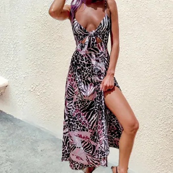 2021 Sommeren Sexet Mode Kvinder Kjole Casual Print Dyb V-hals, Spaghetti-Stropper Slank Kjole Hule Ud Stropløs Vestido De Mujer