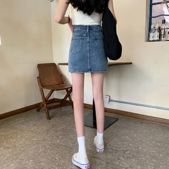 2021 sommeren stretch denim nederdel halv længde nederdel kvindelige høj talje anti-manglende a-linje korte nederdel hakama delt hofte-nederdel