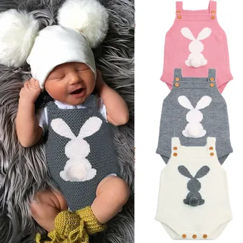 2021 Sommeren Toddler Baby Pige Tøj Ærmeløs Bunny Strik Uld Pom Pom Romper Buksedragt Udstyr Bomuld Tøj
