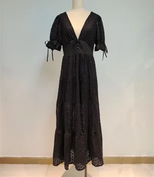 2021 style V-hals boble ærme korte ærmer sexet ryg-lace broderet kjole lang nederdel