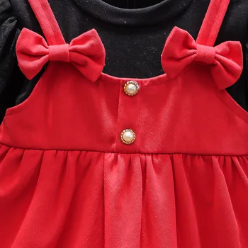 2021 Sød Forårs-Og Efterårs Pige Børn Prinsesse Kjole Bue Lange Ærmer Børn Baby Kostume Faux To-Delt Kjole