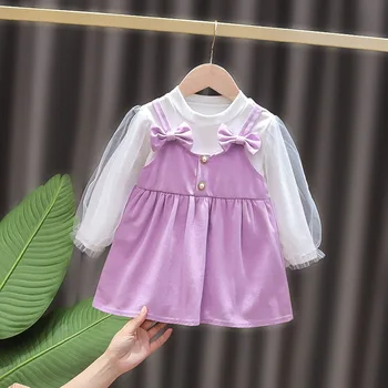 2021 Sød Forårs-Og Efterårs Pige Børn Prinsesse Kjole Bue Lange Ærmer Børn Baby Kostume Faux To-Delt Kjole