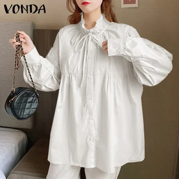 2021 VONDA Part Shirts Kvinder Lang Lanterne Ærme Solid OL Office-Shirt Elegante Toppe Afslappet Boheme-Party Blusas
