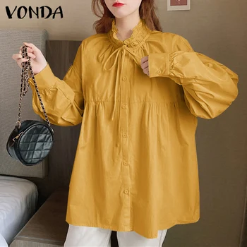 2021 VONDA Part Shirts Kvinder Lang Lanterne Ærme Solid OL Office-Shirt Elegante Toppe Afslappet Boheme-Party Blusas