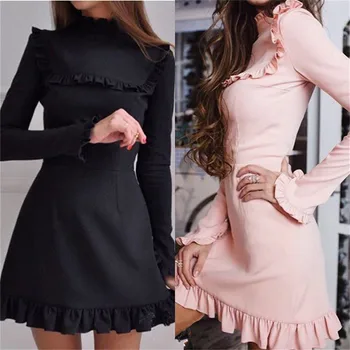 2021Fashion Casual Pink Sort Kjole Kvinder Solid langærmet Sexet Slank A-line Kjole Kvinder Mini Kjoler Vestidos Falde Ny