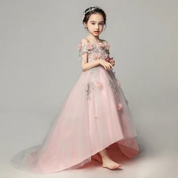 2021New Lidt Kids Pink Prinsesse Applique Blomst Pige kjole