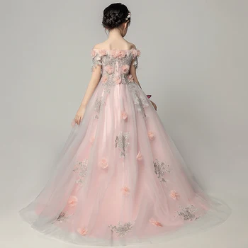 2021New Lidt Kids Pink Prinsesse Applique Blomst Pige kjole