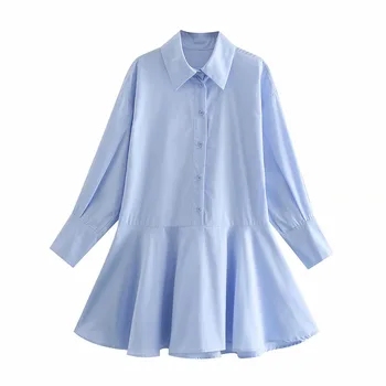 2021ZA franske blå fishtail kjole kvindelige sommeren tynd løs langærmet single-breasted temperament mini nederdel