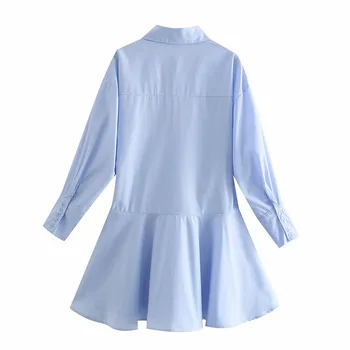 2021ZA franske blå fishtail kjole kvindelige sommeren tynd løs langærmet single-breasted temperament mini nederdel