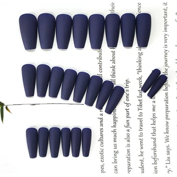 24pcs/sæt Europæiske Kisten Falske Negle Pre-design Fuld Mørke Blå Mat Falsk Kunstige Negle Nail Art Dekoration Tips med Lim