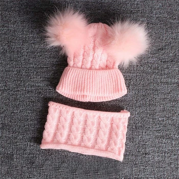2STK Kids Baby Strikkede uldhue+solid Halstørklæde sæt Vinter hat til børn med pom poms monteret elasticitet Holde Varm hue A40