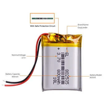 3,7 V 800MAH lithium batteri polymer batteri 802535 Bluetooth-DVR-afspiller dashcam optager Registrator