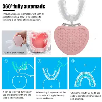 360 Grader Sonic Automatisk Elektrisk Tandbørste USB-Genopladelige Intelligent Ultralyd Silicium Tandbørste 3 Modes U Type Timer