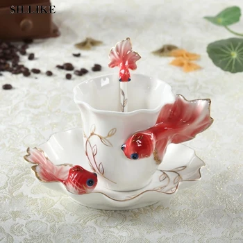 3D Guldfisk Kaffe Kop Med Underkop Og Skeen Indstille Mode Håndlavede Porcelæn Emalje Te Valentine ' s Day Gave