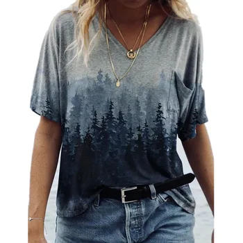 3D Natur Print Kvinder Toppe Casual V-Hals Kort Damer Nye Sommer T-Shirt Plus Size Løs Streetwear Mode Til Kvinder