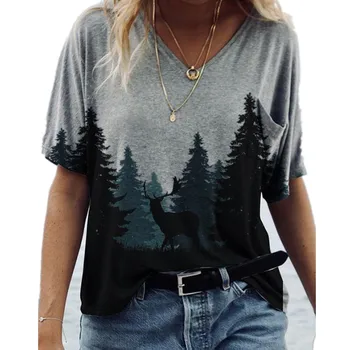 3D Natur Print Kvinder Toppe Casual V-Hals Kort Damer Nye Sommer T-Shirt Plus Size Løs Streetwear Mode Til Kvinder