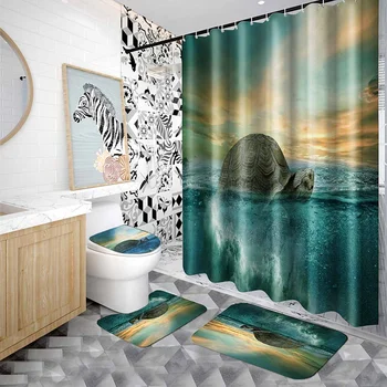 3D Ocean Badeværelse Sæt Vandtæt badeforhæng skridsikre Måtter til Badekar Tæpper Toilet sædebetræk Låg gulvmåtte Badeværelse Indretning