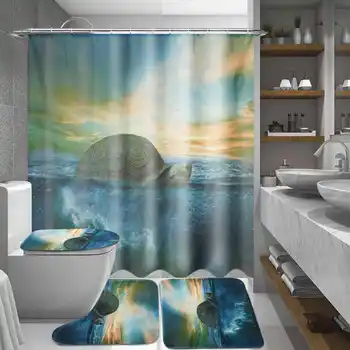 3D Ocean Badeværelse Sæt Vandtæt badeforhæng skridsikre Måtter til Badekar Tæpper Toilet sædebetræk Låg gulvmåtte Badeværelse Indretning