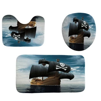 3D Ocean Mystiske Pirat Skib badeforhæng med Kroge, Badeværelse Gardin Sæt Skridsikre Tæpper Toilet Låg Cover Mat Tæppe Sæt