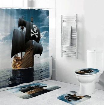 3D Ocean Mystiske Pirat Skib badeforhæng med Kroge, Badeværelse Gardin Sæt Skridsikre Tæpper Toilet Låg Cover Mat Tæppe Sæt