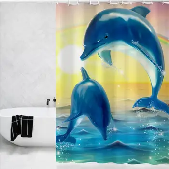 3D Printet badeforhæng Vandtæt Polyester Stof Flere Størrelser Ocean Dolphin Badekar Produkter Badeværelse Indretning med 12 Kroge