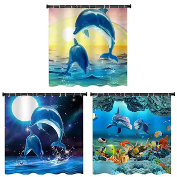 3D Printet badeforhæng Vandtæt Polyester Stof Flere Størrelser Ocean Dolphin Badekar Produkter Badeværelse Indretning med 12 Kroge