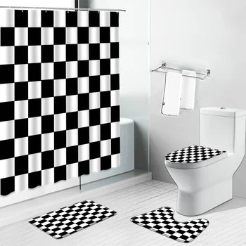 3D-Sort Hvide Geometriske Stereoskopisk Print badeforhæng bademåtte Badeværelse Gardin Skridsikre Tæpper Toilet Låg Cover Tæppe Sæt