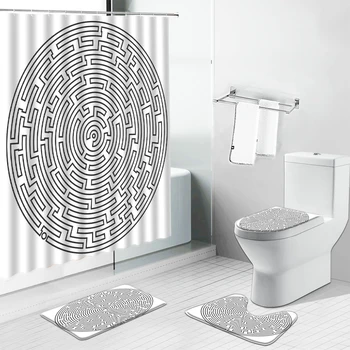 3D-Sort Hvide Geometriske Stereoskopisk Print badeforhæng bademåtte Badeværelse Gardin Skridsikre Tæpper Toilet Låg Cover Tæppe Sæt