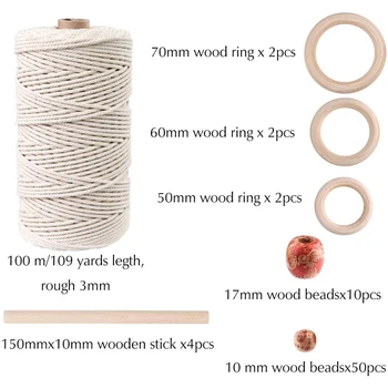 3mm Naturlige Macrame Cord med 60 Stk Træ Perler 6stk Træ Ring og 4stk træpind for Håndværk,DIY Plante Bøjler