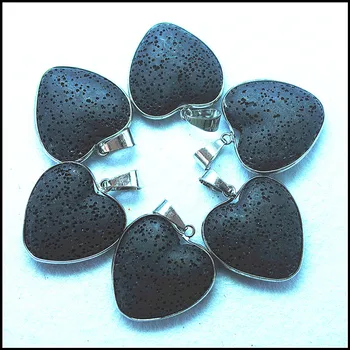 3pcs natur, sort lava sten hjerte form med metal runde sølv farver størrelse 30mm for fashion kvinder halskæde tilbehør engrospris