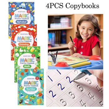 4 Bøger + Pen Sank Genanvendelige 3D Magic Motion Book Børn 0-10 Skriver Klistermærker Kalligrafi engelske Numre Montessori Legetøj