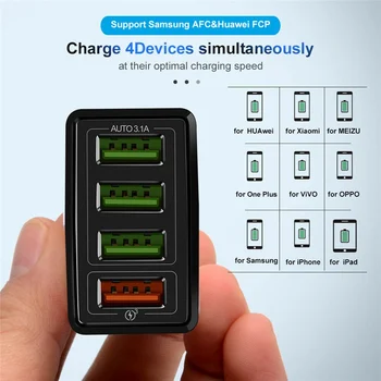 4 Ports USB-Oplader OS UK EU Plug 5V/3A Smart Hurtig Oplader QC3.0 Mobil Oplader til iPhone, Samsung, HuaWei Xiaomi
