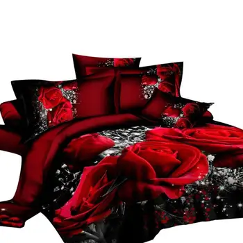 4 STK 3D Stor Rød Rose Blomstret Sengetøj Sæt Bryllup Duvet Cover Sheet pudebetræk Sæt sengelinned