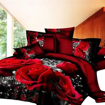4 STK 3D Stor Rød Rose Blomstret Sengetøj Sæt Bryllup Duvet Cover Sheet pudebetræk Sæt sengelinned