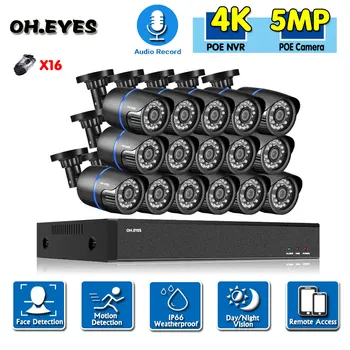 4K-16CH 5MP H. 265+ System 16CH POE CCTV Sikkerhed NVR Kit Udendørs Vandtæt IP-5MP Kamera overvågningssystem Med 4 TB