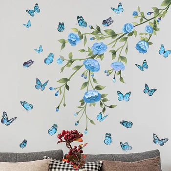 4stk Sommerfugle, Blomster Mønster Mærkat, Selvklæbende Vægmaleri Mærkat vægoverføringsbillede