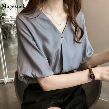 4XL Plus Size Sommeren kortærmet Kvinder Toppe koreanske Elegante Blid V Hals Bluse Kvindelige Løs Slanke, Smarte Manchetter Shirt Blusas 14089