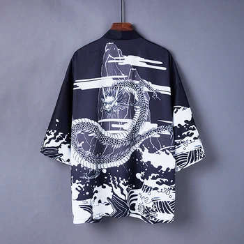 #5016 Black White Dragon Trykt Kimono Jakke Mænd Cardigan Pels Korte Ærmer Casual Vintage Harajuku Kimono Solcreme Pels